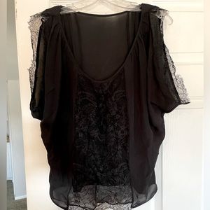 Joie black silk top with lace inlay and edging